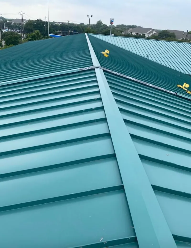 Green commercial metal roof ridge and valley for Metal Roof Repair in Fate